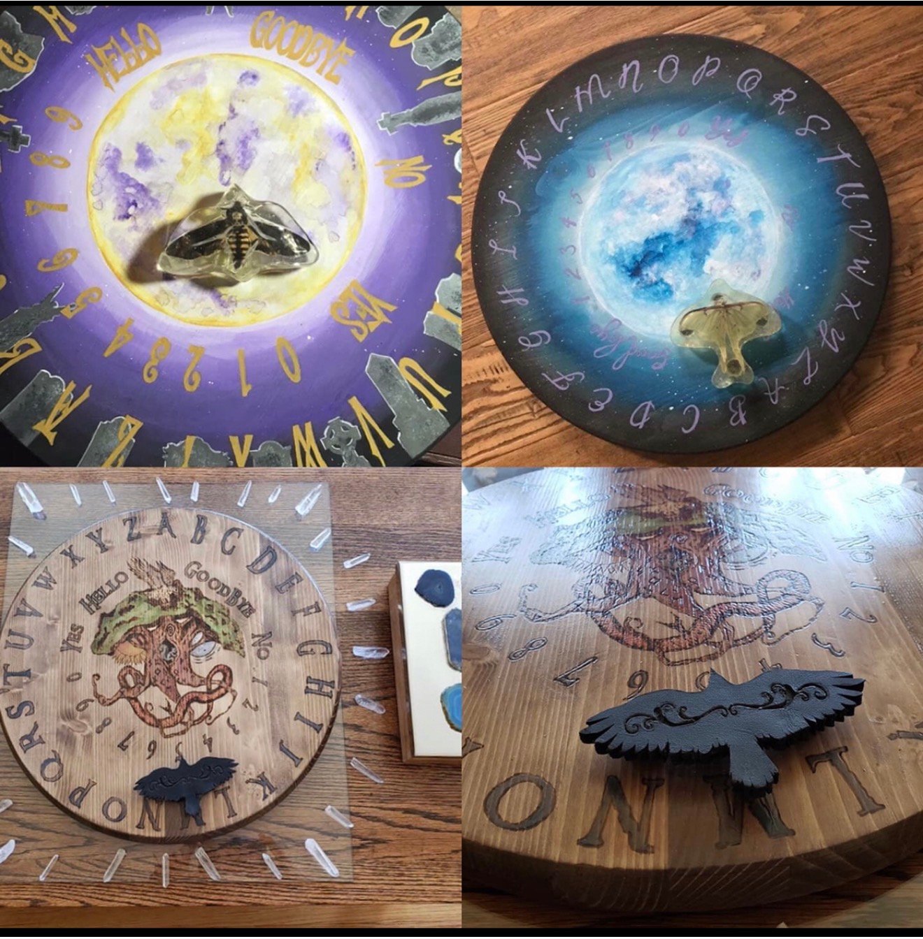 Collection of four hand-painted spirit boards by Loren Morris, Primitive Witchery